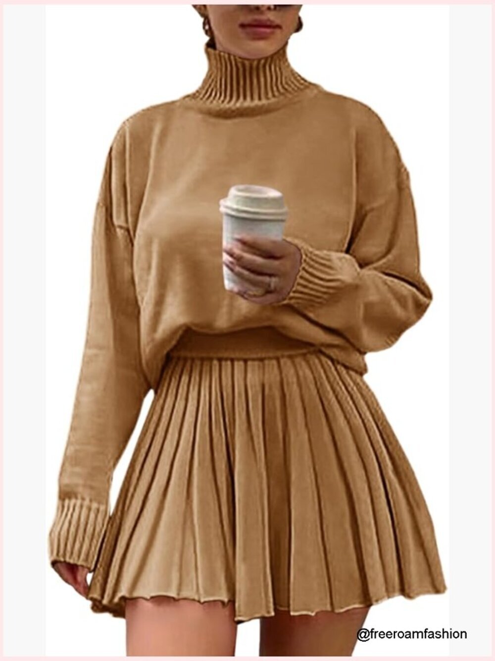 2 Piece Turtleneck Sweater Sets Pleated Mini Skirt Outfit Oversized Pullover